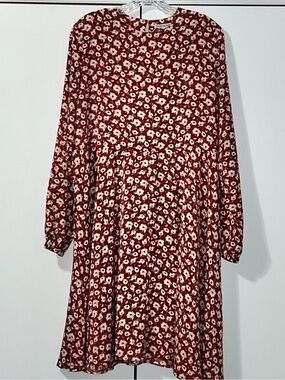 Love Olive- Flowy Red Floral Long-Sleeve Dress with belt